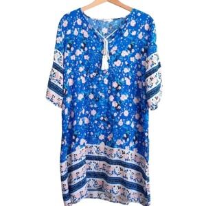 HALIFE Blue Boho Floral Print V Neck Tunic Dress Women's Size XL